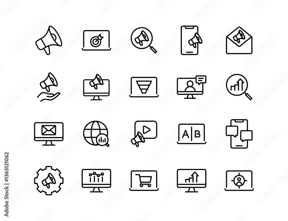 Digital Marketing Vector Icon Set | Adjustable Line Weight | Megaphone, target, analytics, email, social media, video, A/B test, campaign, optimization, presentation, mobile marketing Digital Marketing Vector Icon Set | Adjustable Line Weight | Megaphone, target, analytics, email, social media, video, A/B test, campaign, optimization, presentation, mobile marketing