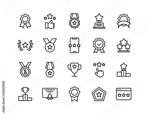 Awards Vector Icon Set | Adjustable Line Weight | Trophy, certificate, podium, ranking, ribbon, badge, achievement, quality, prize, star, reward icons