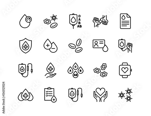Blood Vector Icon Set | Adjustable Line Weight | Blood drop, test, shield, health, donation, transfusion, report, heart rate, protection, blood type, care icons
