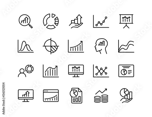 Data Analytics Vector Icon Set | Adjustable Line Weight | Chart, graph, analysis, report, growth, trend, statistics, pie chart, bar graph, line graph, scatter plot, dashboard, infographic icons