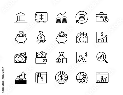 Finance Investment Vector Icon Set | Adjustable Line Weight | Money, piggy bank, savings, chart, wallet, coins, dollar, budget, growth, cash, portfolio, funds icons