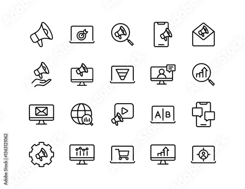 Digital Marketing Vector Icon Set | Adjustable Line Weight | Megaphone, target, analytics, email, social media, video, A/B test, campaign, optimization, presentation, mobile marketing
