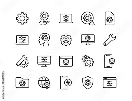 Settings and Configuration Vector Icon Set | Adjustable Line Weight | Gear, wrench, control panel, system update, network settings, maintenance, protection, customization, technology, computer