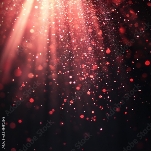 twinkling red glitter falling on a flat surface lit by a bright spotlight (3d illustration)