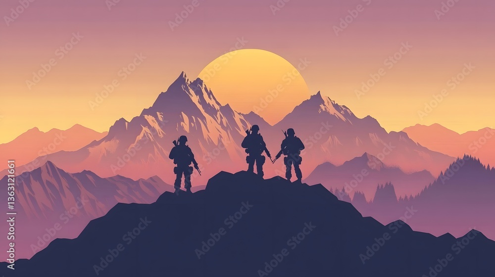Naklejka premium Silhouetted hikers enjoying sunset, three adventurers on mountain peak overlooking vibrant sky and distant ranges, tranquil scene.