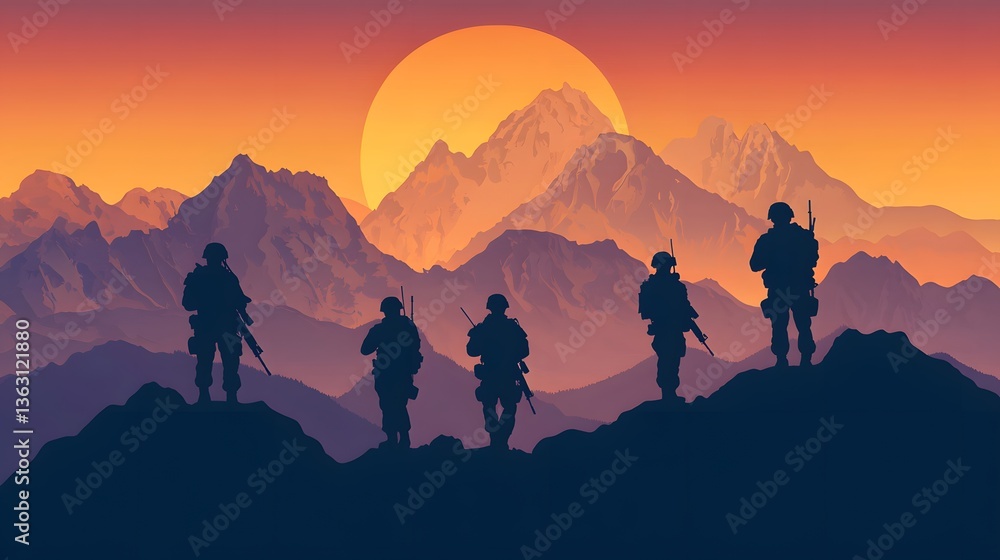 Naklejka premium Group of hikers at sunset, silhouetted against a vibrant sky, exploring nature in a mountainous landscape, inspirational journey.