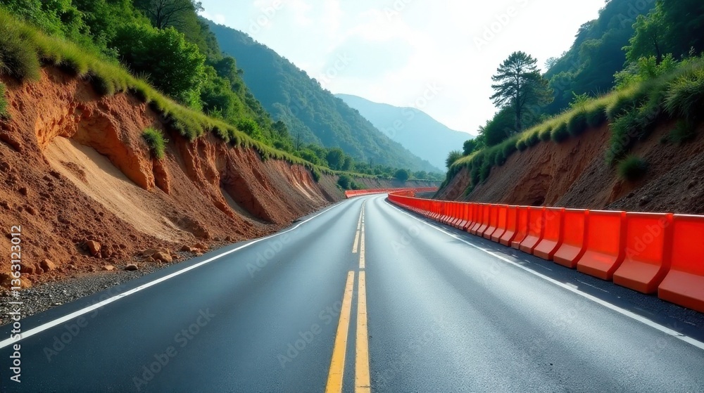 Obraz premium New asphalt road winding through a mountain pass with orange safety barriers