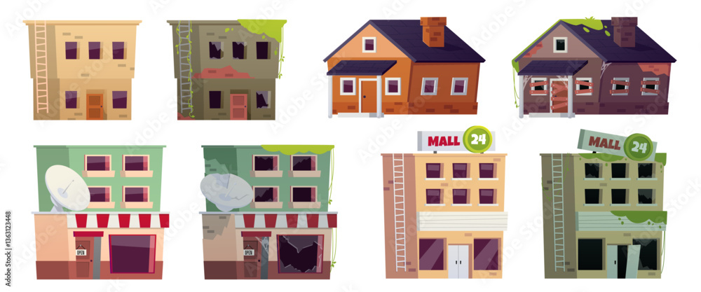 Vector illustration of a set with the image of abandoned houses, before and after renovation. Vector illustration of a set with the image of abandoned houses, before and after renovation.