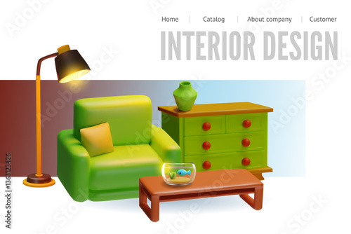 3D interior design. Vector website banner with armchair, lamp, chest of drawers, table.
