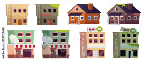 Vector illustration of a set with the image of abandoned houses, before and after renovation.