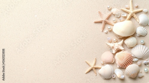 Fototapeta Naklejka Na Ścianę i Meble -  Light sandy beach with a collection of tiny starfish and pearlescent seashells, soft morning glow.