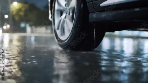 Rainy Road Reflections: A close-up captures a car's tire rolling through a rain-slicked road at night, the water mirroring the urban environment around it.