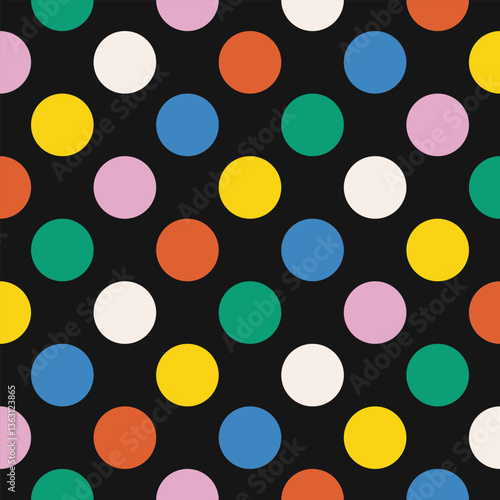 Colorful round polka dots on black background. Seamless geometric vector design with a modern retro look. High quality illustration for decor and print.