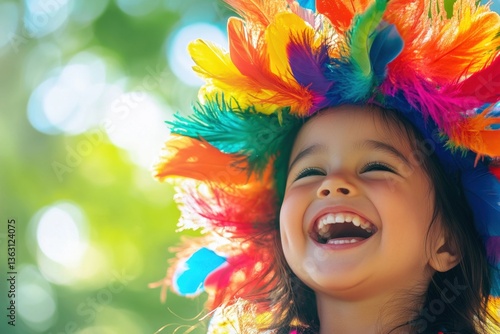 Happy girl wearing colorful feathers	