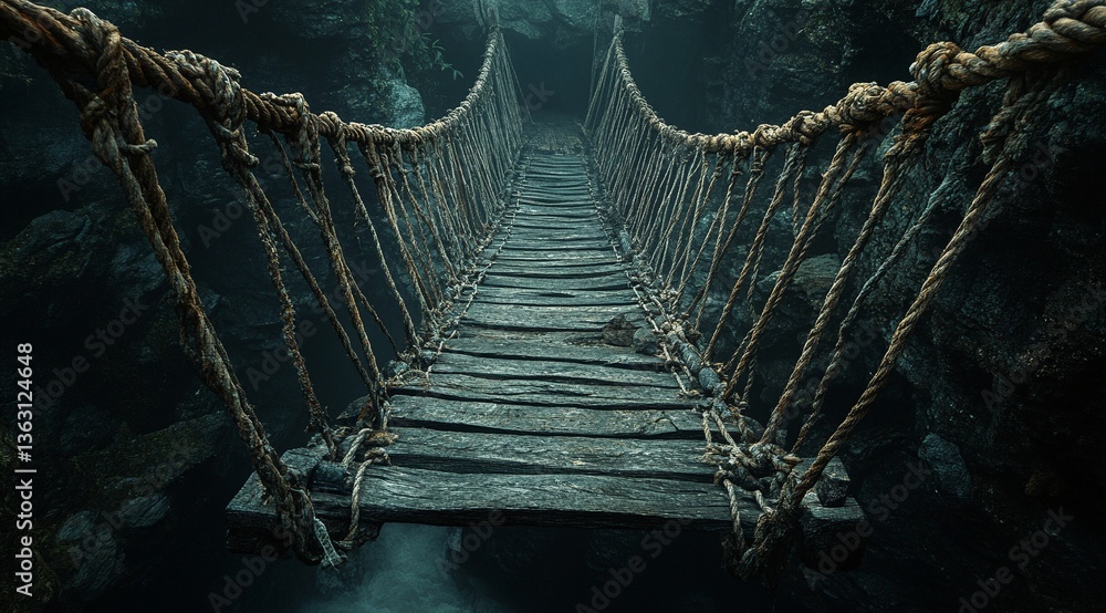 Obraz premium A precarious rope bridge stretches across a dark chasm, its weathered wooden planks and frayed ropes hinting at age and peril. An adventurous journey awaits!