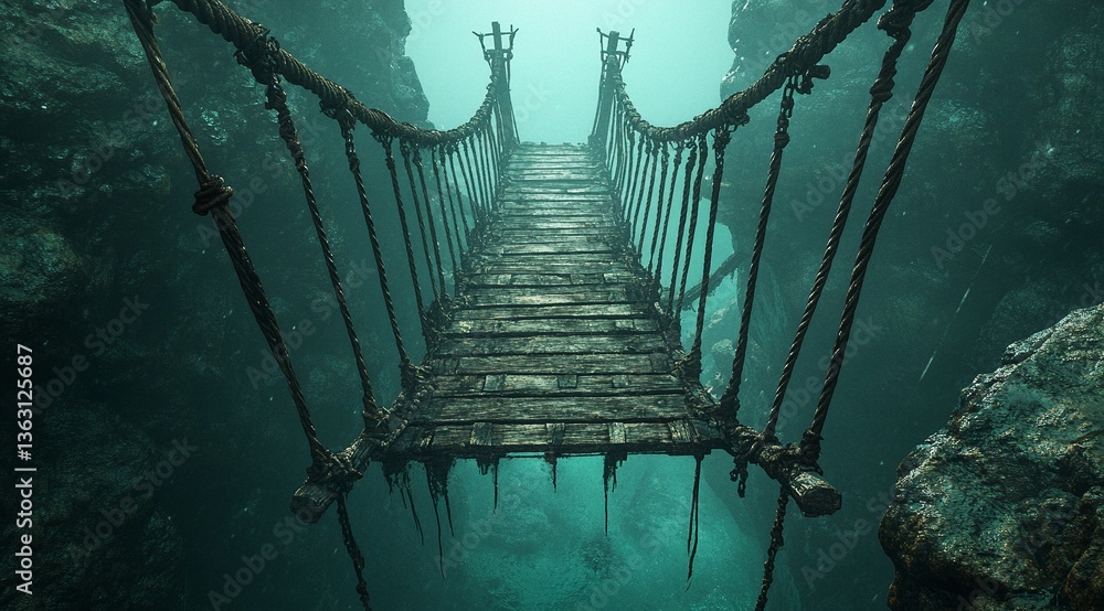 Naklejka premium An eerie, underwater rope bridge stretches between moss-covered rocks, a scene of mystery and suspense.
