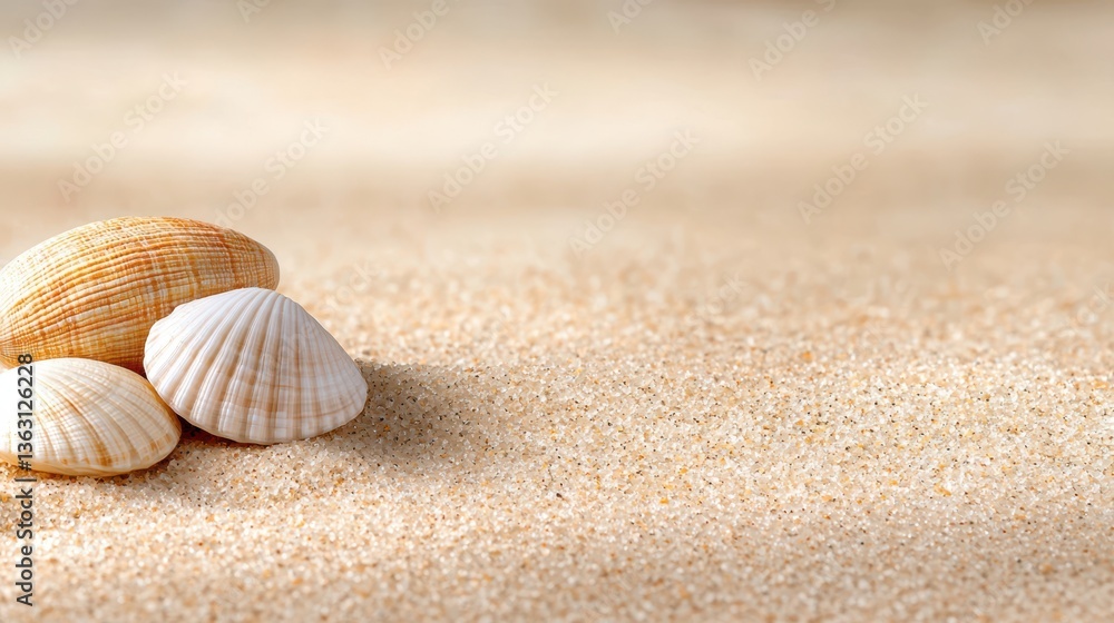 Simple and modern postcard layout featuring a few carefully placed seashells on white beach sand Simple and modern postcard layout featuring a few carefully placed seashells on white beach sand