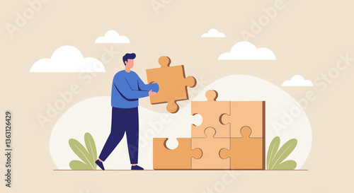 Man solving a puzzle, completing a task.