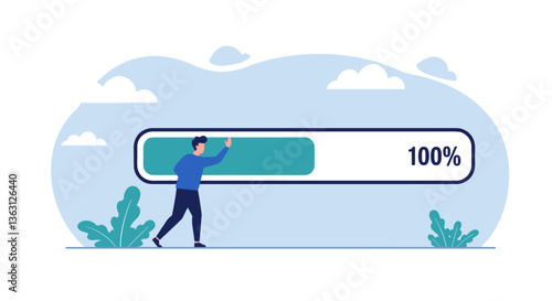 Man completes 100% progress bar. Success!