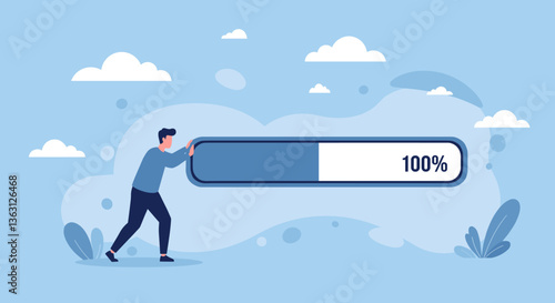 Man pushing a 100% progress bar.  Completion!
