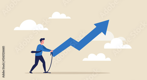 Businessman pulling upward trending arrow.
