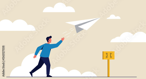 Man reaching for a paper airplane soaring in the sky.