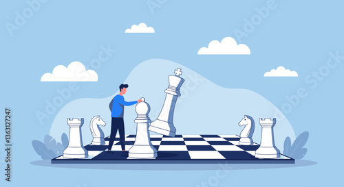 Man playing chess, knocking over the king.