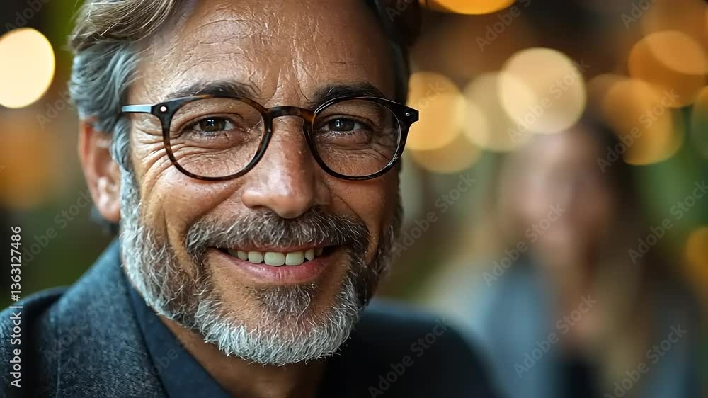 Portrait of a smiling middle-aged man in glasses at a cozy café with blurred background Portrait of a smiling middle-aged man in glasses at a cozy café with blurred background