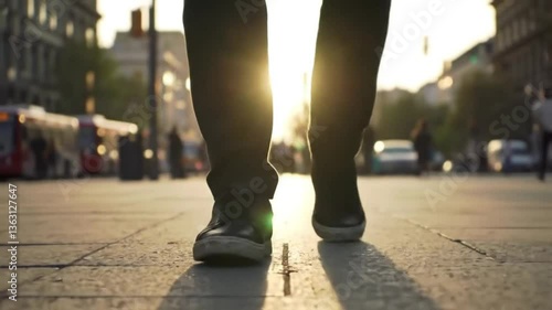 Urban Stroll in Sunlight: An evocative low-angle shot captures a person's legs as they stride purposefully along a sun-drenched city walkway, the sunlight creating a striking silhouette. 