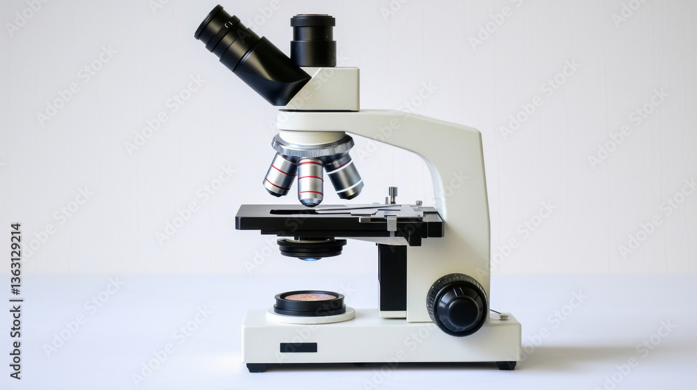 A sleek, modern microscope positioned on a plain background, showcasing its intricate optical components and precision engineering. A sleek, modern microscope positioned on a plain background, showcasing its intricate optical components and precision engineering.