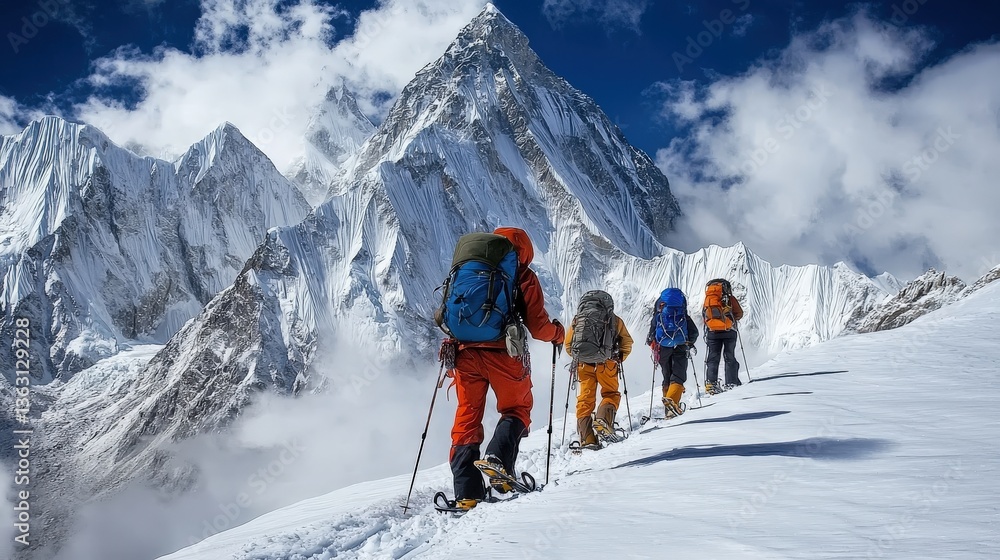 Team of climbers ascending snowy mountain slope with majestic alpine peaks in background Team of climbers ascending snowy mountain slope with majestic alpine peaks in background