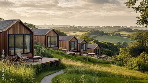 Rustic cabins nestled on a hillside overlooking a valley