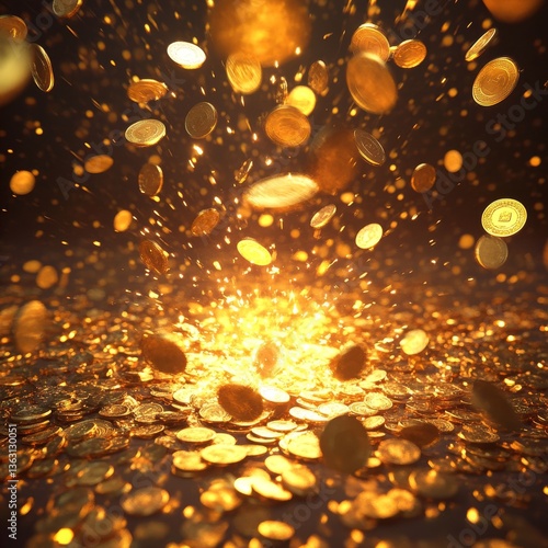 Realistic gold coins png. Explosion of gold coins png. Gold coins fall from the sky. Victory, easy money.