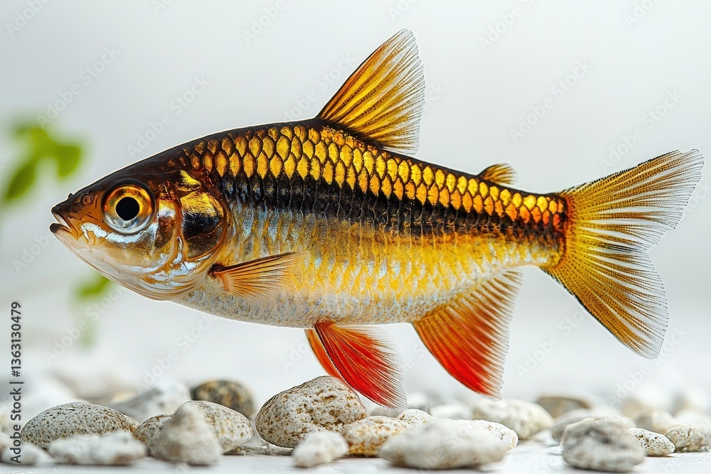 Fototapeta premium Close-up of a vibrant goldfish with striking scales amidst pebbles in a serene aquatic setting