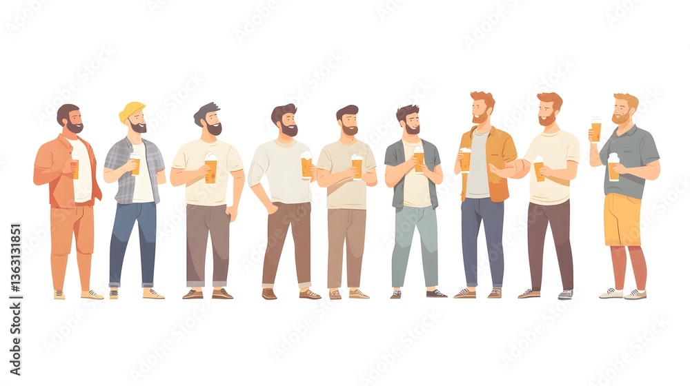 Group of Adult Men Enjoying Beer Together in a Semi-Flat Color Style Group of Adult Men Enjoying Beer Together in a Semi-Flat Color Style