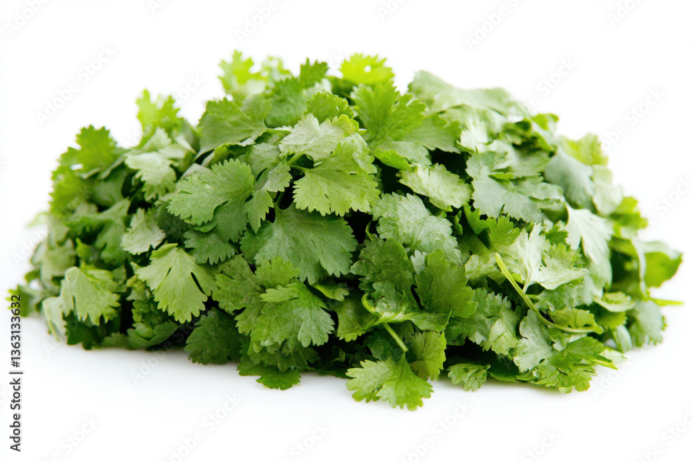 Obraz premium Pile of fresh coriander leaves on a rustic wooden table, vibrant green color pops against the natural tones, ideal for culinary use.