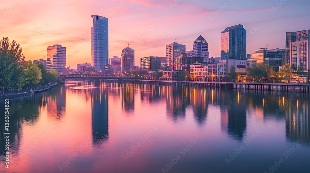 Vibrant city skyline at sunset with tall buildings, modern skyscrapers, and a river reflecting the city lights Vibrant city skyline at sunset with tall buildings, modern skyscrapers, and a river reflecting the city lights