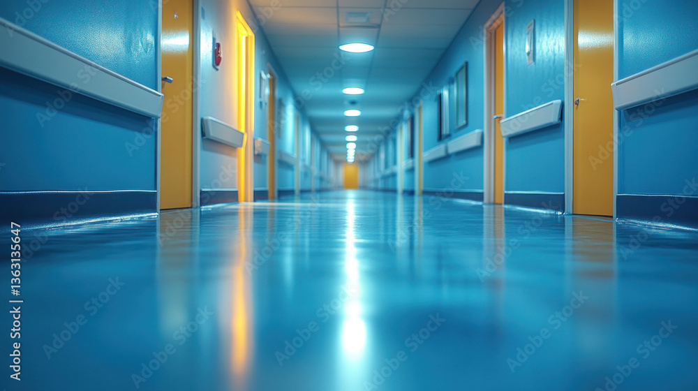 Obraz premium A quiet hospital hallway at night, dim emergency lights casting soft shadows
