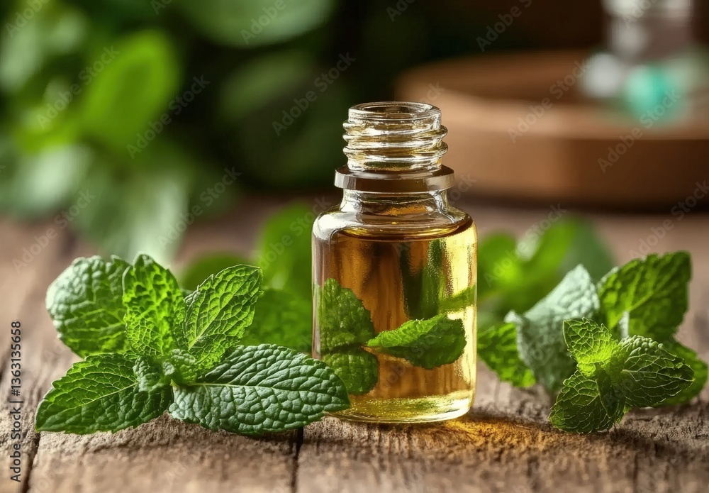 Essential oil of mint surrounded by fresh leaves on rustic wooden table Essential oil of mint surrounded by fresh leaves on rustic wooden table