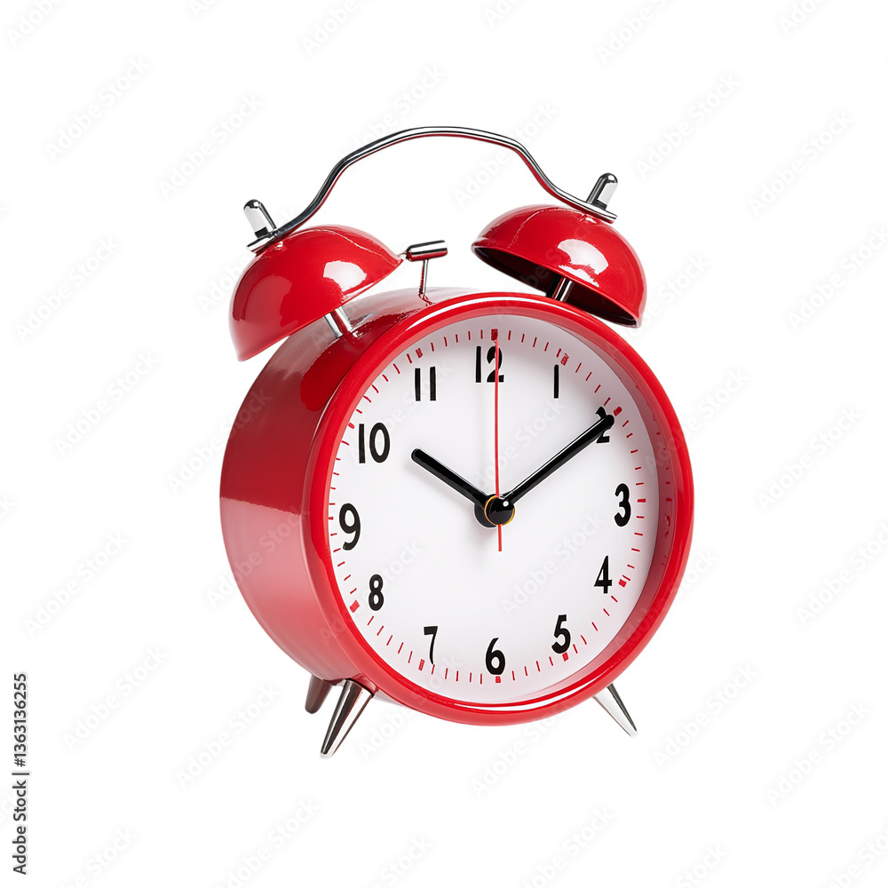 Red alarm clock with classic twin bells - morning wake-up icon, isolated on a white transparent background Red alarm clock with classic twin bells - morning wake-up icon, isolated on a white transparent background