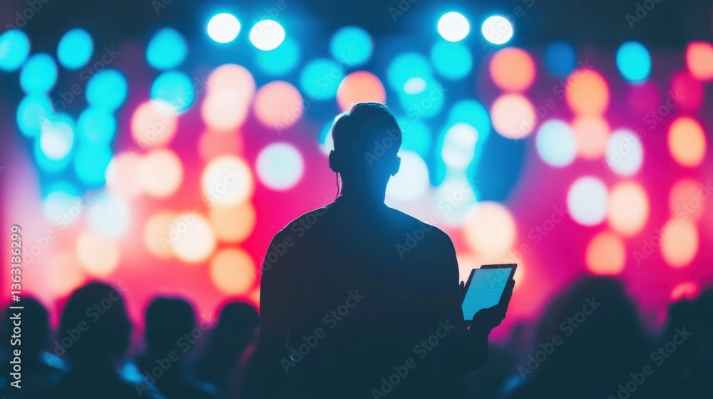 Silhouette of Person with Tablet at Vibrant Colorful Concert Event Silhouette of Person with Tablet at Vibrant Colorful Concert Event