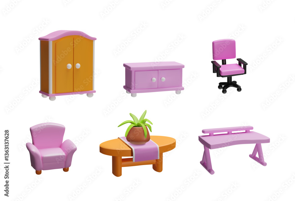 Φωτογραφία 3D furniture set: wardrobe, chest of drawers, office chair, armchair, coffee table and gaming table