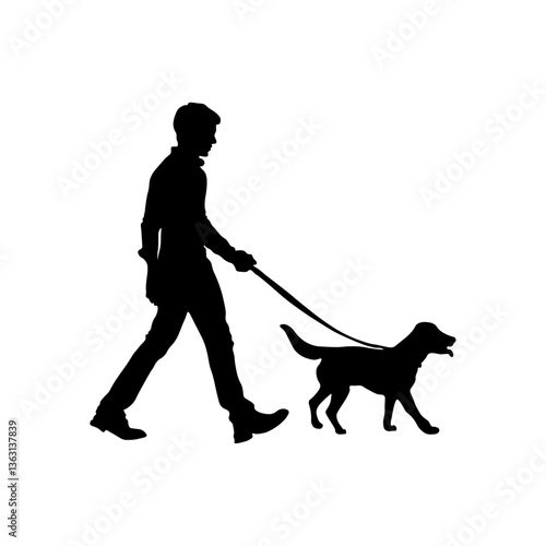 Man with a dog on a leash. Silhouette of a man walking a dog