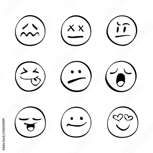 Variety of expressive faces showing different emotions in a simple design with black outlines on a white background