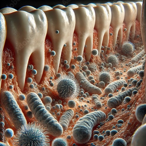 A hyper-realistic close-up of a dental microbiome, showcasing diverse bacteria and biofilm on teeth and gums under dramatic cinematic lighting