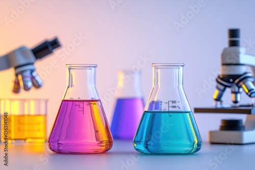 Laboratory flasks with colored liquids and microscope	