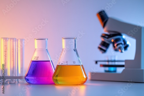 Laboratory flasks with colored liquids and microscope	