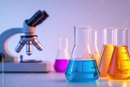 Laboratory flasks with colored liquids and microscope	