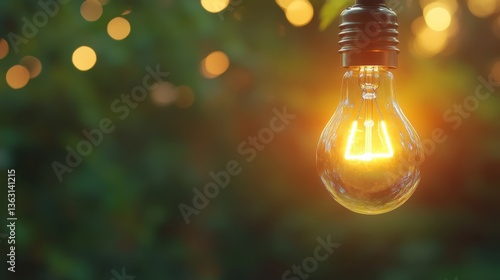 Light bulb hanging outdoors in evening sunlight	