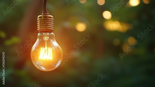 Light bulb hanging outdoors in evening sunlight	